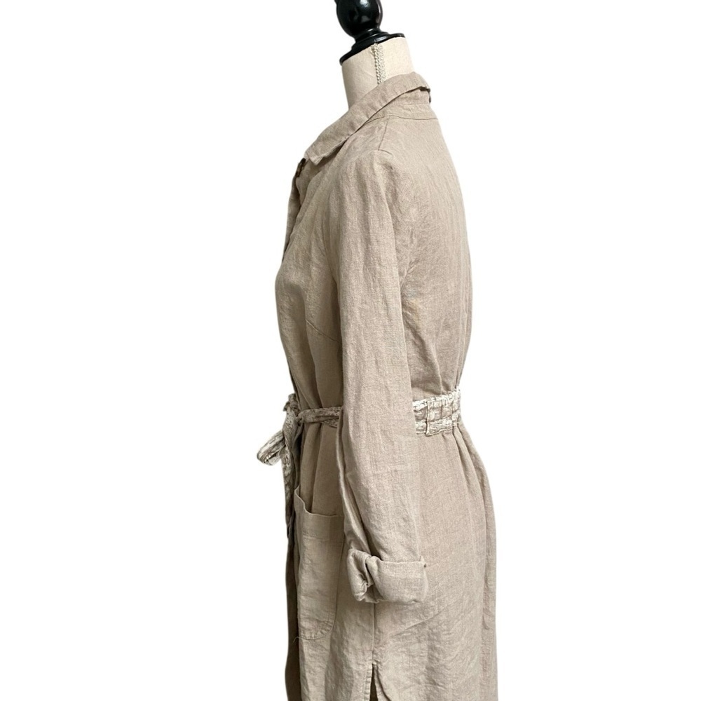 J. Jill Love Linen Shirt Dress XS 100% Linen Beige Button Front Belted Midi - Picture 5 of 12